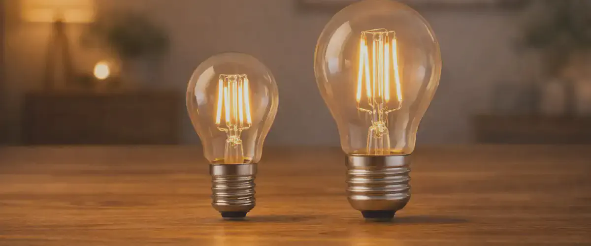 Ampoules a culot E14 et E27 posees cote a cote pour comparer leurs formats