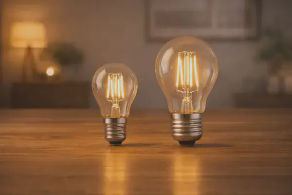 Ampoules a culot E14 et E27 posees cote a cote pour comparer leurs formats