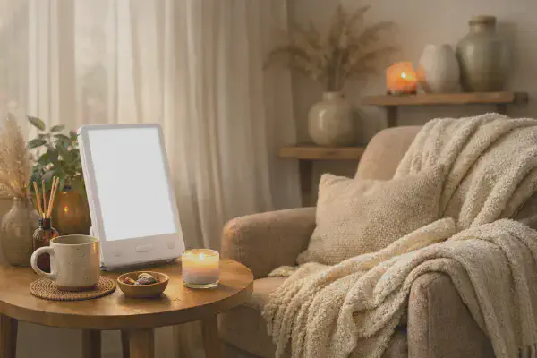 Lampe de luminotherapie allumee sur une table pres d'un fauteuil