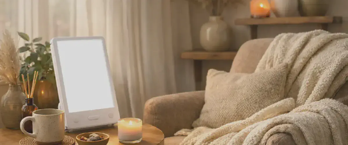 Lampe de luminotherapie allumee sur une table pres d'un fauteuil