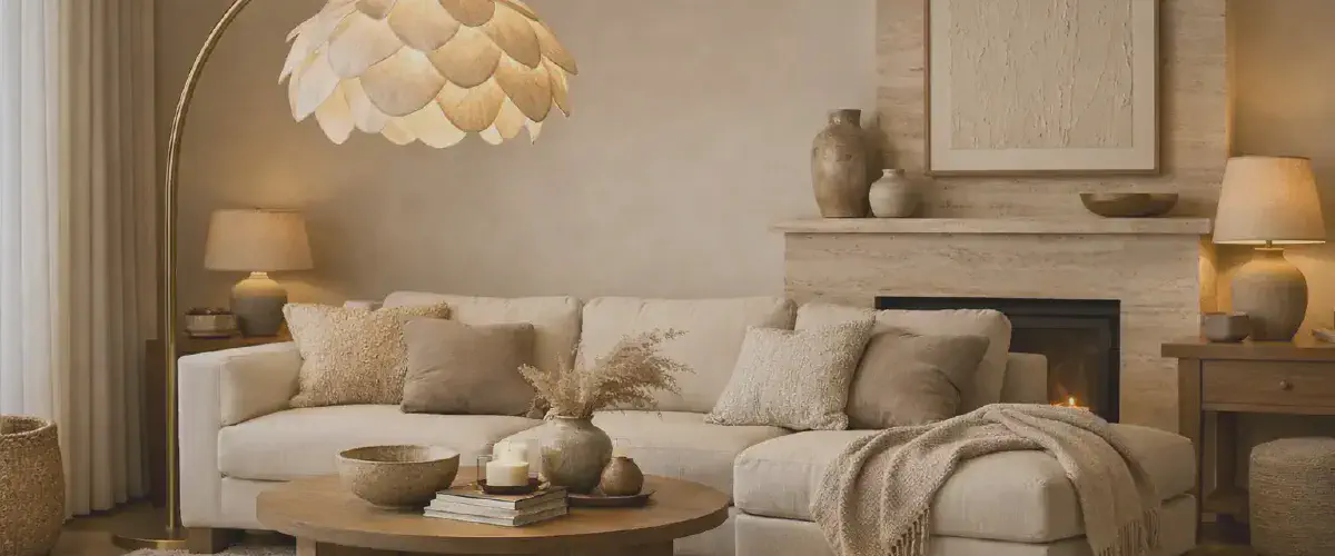 Salon chaleureux eclaire par une lampe d'appoint design