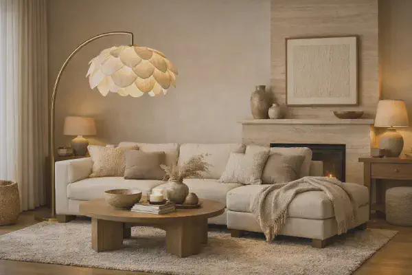 Salon chaleureux eclaire par une lampe d'appoint design