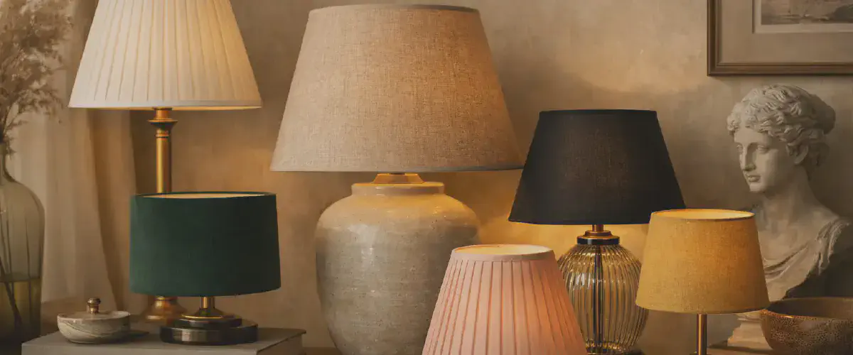 Abat-jour en tissu presente sur un pied de lampe decoratif