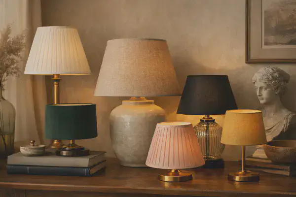 Abat-jour en tissu presente sur un pied de lampe decoratif