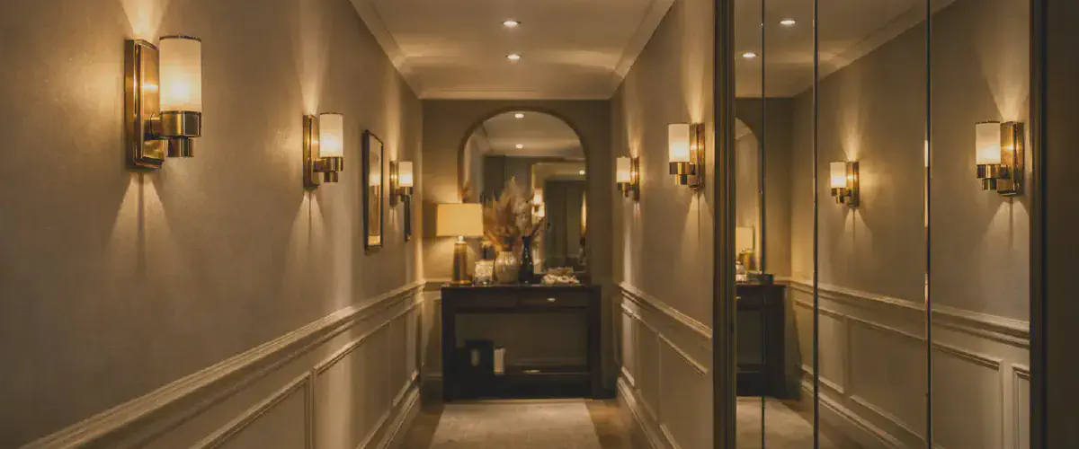 Couloir decore avec un eclairage mural doux et accueillant