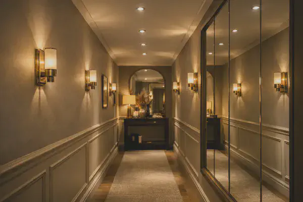Couloir decore avec un eclairage mural doux et accueillant