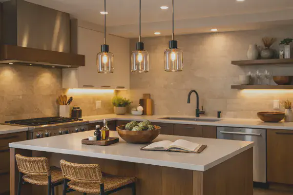 Cuisine moderne avec suspensions et eclairage fonctionnel