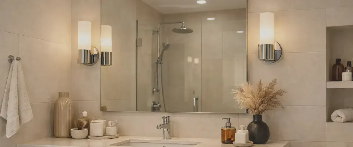 Luminaire IP44 installe dans une salle de bain contemporaine