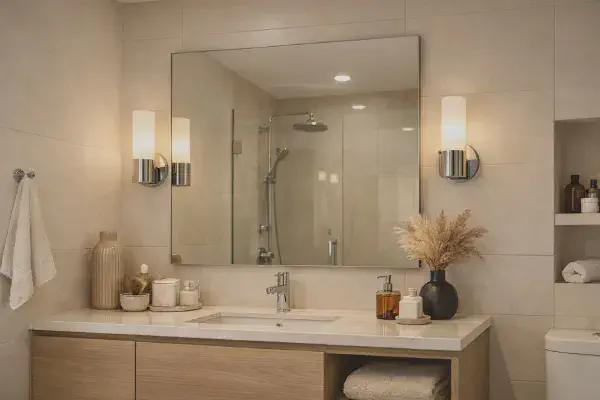 Luminaire IP44 installe dans une salle de bain contemporaine