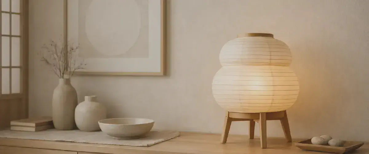 Lampe de style Japandi en bois clair dans un interieur epure