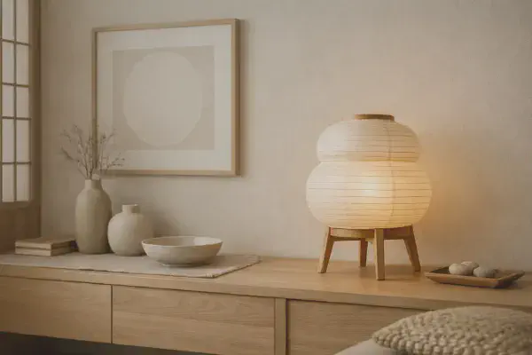 Lampe de style Japandi en bois clair dans un interieur epure