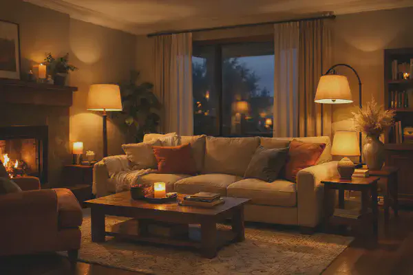 Salon cosy avec plusieurs sources de lumiere d'ambiance