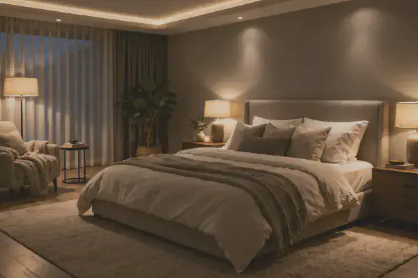 Chambre adulte eclairee par des luminaires doux et elegants