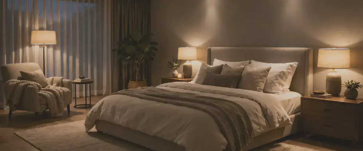 Chambre adulte eclairee par des luminaires doux et elegants