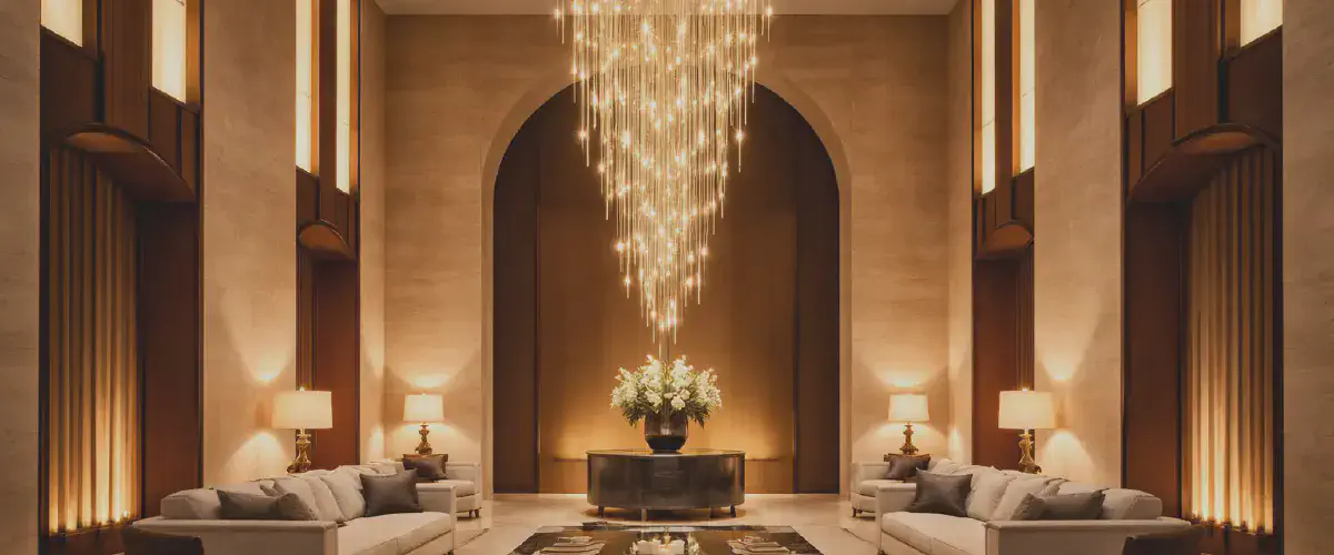 Grand sejour avec luminaire adapte a un plafond haut