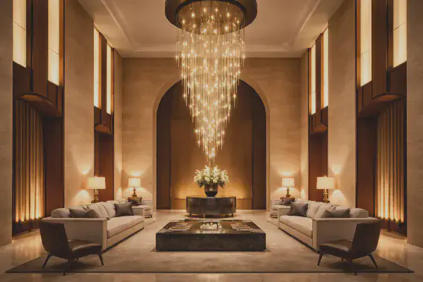 Grand sejour avec luminaire adapte a un plafond haut