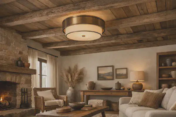 Luminaire suspendu dans une piece avec poutres apparentes