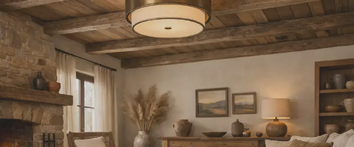 Luminaire suspendu dans une piece avec poutres apparentes