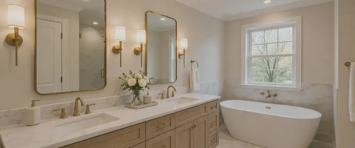 Salle de bain lumineuse avec miroir et luminaire moderne