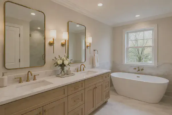 Salle de bain lumineuse avec miroir et luminaire moderne