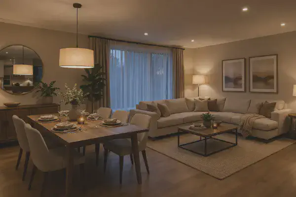 Espace salon salle a manger unifie par des luminaires assortis