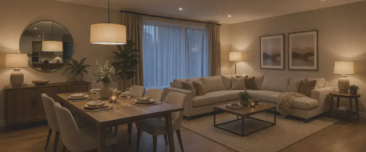 Espace salon salle a manger unifie par des luminaires assortis