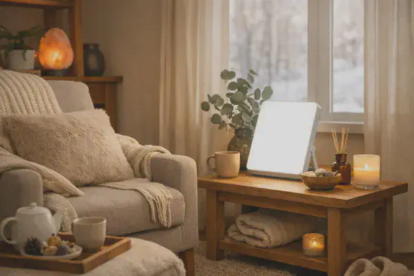 Lampe de luminotherapie diffusant une lumiere vive en interieur