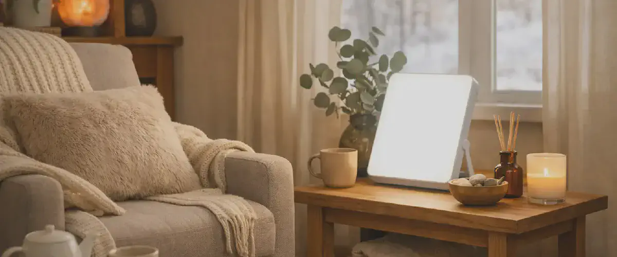 Lampe de luminotherapie diffusant une lumiere vive en interieur