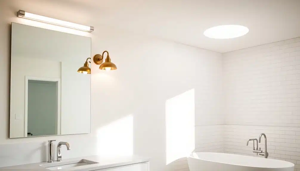 Salle de bains moderne avec un grand miroir, une double applique murale en laiton, un lavabo, des murs en briques blanches, une baignoire autoportante et la lumière naturelle d'un puits de lumière rond.
