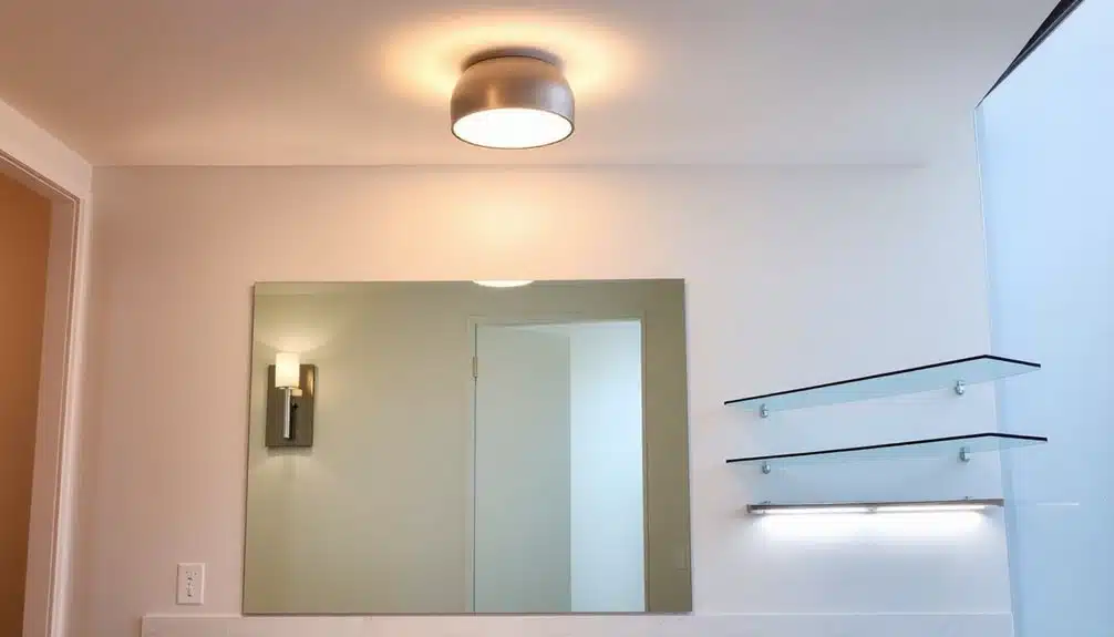 Salle de bains moderne avec un grand miroir mural, deux étagères en verre, un plafonnier et une applique murale qui se reflète dans le miroir.