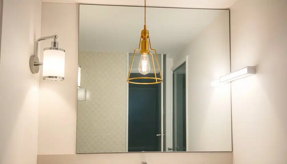 Le miroir d'une salle de bains reflète une porte et un mur. Il y a une lampe suspendue avec une ampoule visible et un luminaire en laiton, ainsi que deux appliques murales de part et d'autre du miroir.