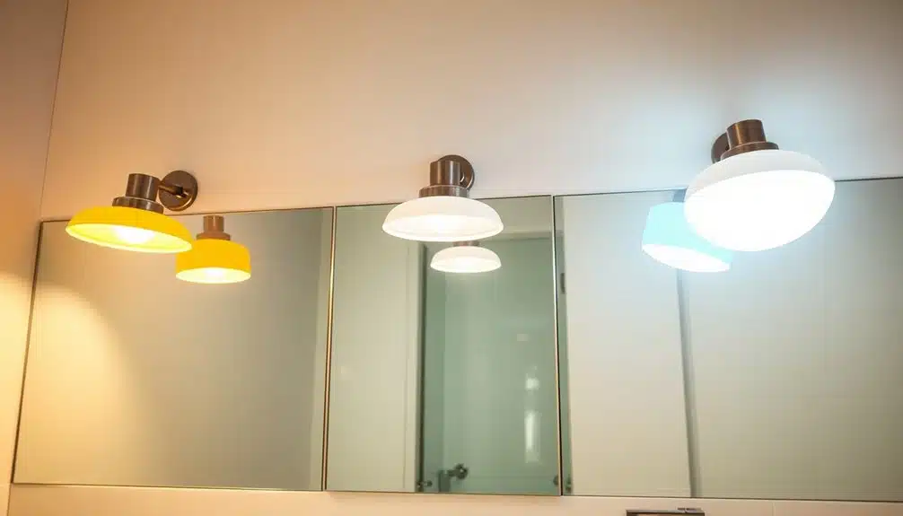 Quatre appliques murales aux teintes jaunes, blanches et bleues se reflètent dans le grand miroir de la salle de bains, au-dessus d'un mur carrelé blanc.