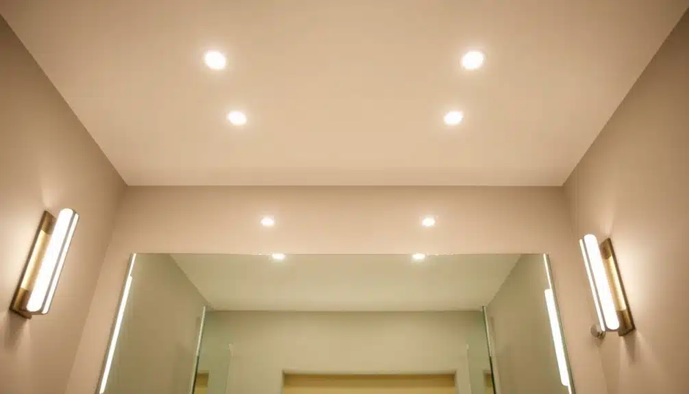 Plafond de la salle de bains avec six lumières encastrées et deux appliques murales verticales montées de part et d'autre d'un grand miroir.