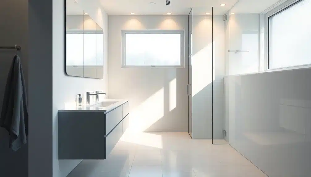 Salle de bains moderne avec un meuble à double vasque, un grand miroir, une serviette sur un support, une douche vitrée et une fenêtre laissant entrer la lumière naturelle.