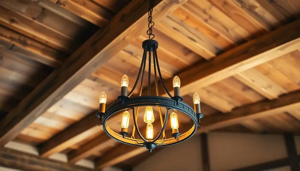 Un lustre en métal noir avec des ampoules apparentes est suspendu à un plafond de poutres en bois dans une pièce chaudement éclairée.