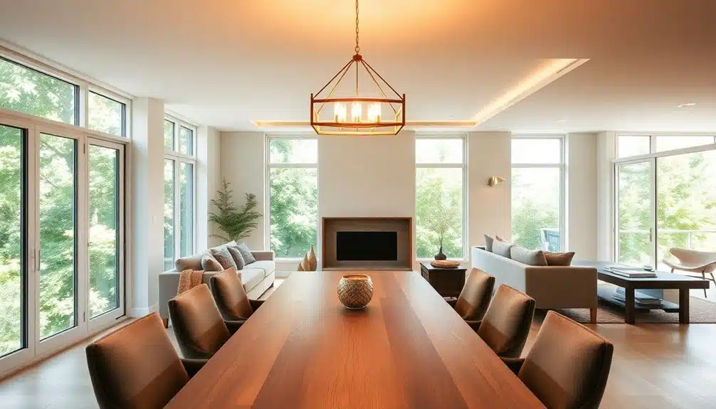 Salon et salle à manger modernes et ouverts avec de grandes fenêtres, une table à manger en bois, des chaises beiges, des canapés et une cheminée centrale, éclairée par un luminaire au plafond.