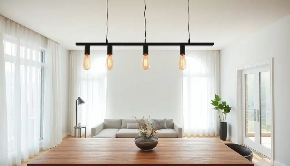 Salon moderne avec table en bois, plafonnier à ampoules apparentes, canapé gris, lampadaire, plante en pot et grandes fenêtres avec rideaux diaphanes.