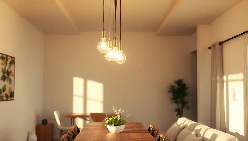 Une salle à manger avec une longue table en bois, des chaises, des lampes suspendues, un bol de plantes, des œuvres d'art murales et la lumière du soleil qui traverse les fenêtres.