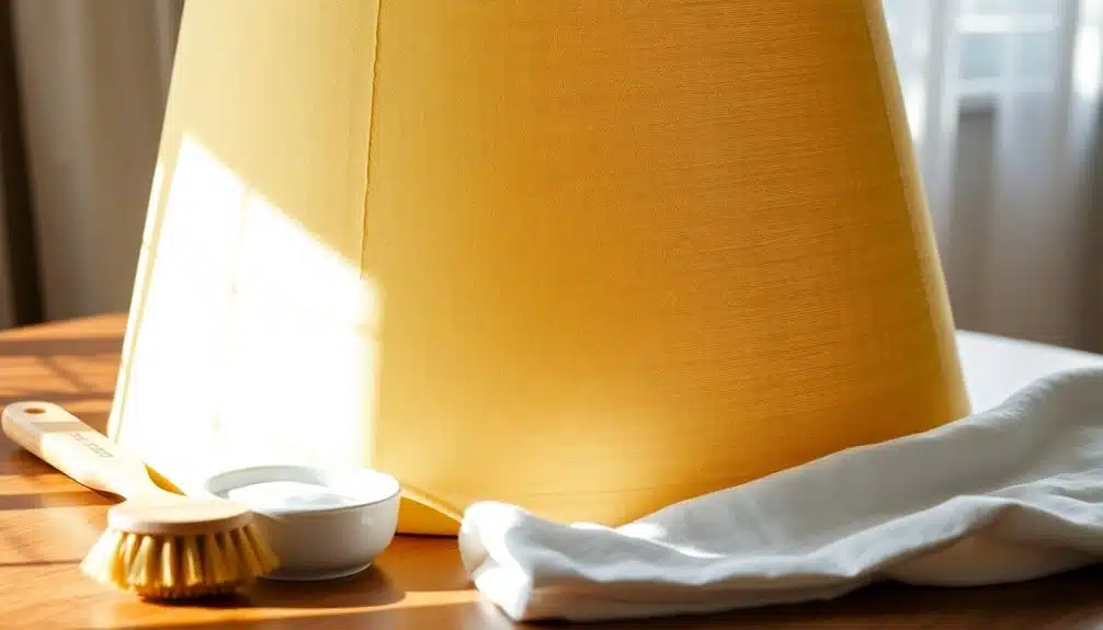 Un abat-jour jaune est posé sur une table en bois à côté d'une brosse de nettoyage, d'un petit bol et d'un chiffon blanc, à la lumière naturelle du soleil.
