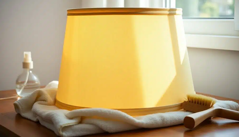 Un abat-jour beige est posé sur une table en bois à côté d'une brosse de nettoyage, d'un flacon pulvérisateur et d'un chiffon blanc, la lumière du soleil traversant une fenêtre en arrière-plan.
