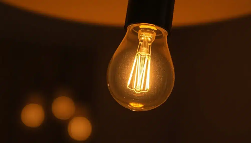 Gros plan d'une ampoule à incandescence allumée qui brille d'une lumière jaune chaude ; le filament à l'intérieur est clairement visible.