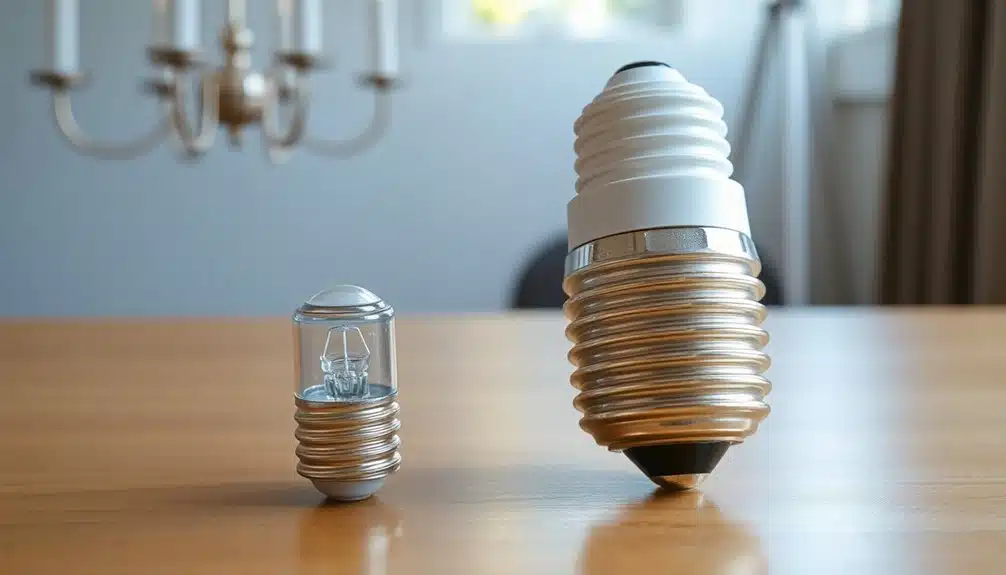 Une petite ampoule et une réplique de culot d'ampoule surdimensionnée sont placées côte à côte sur une table en bois dans une pièce à l'éclairage tamisé.
