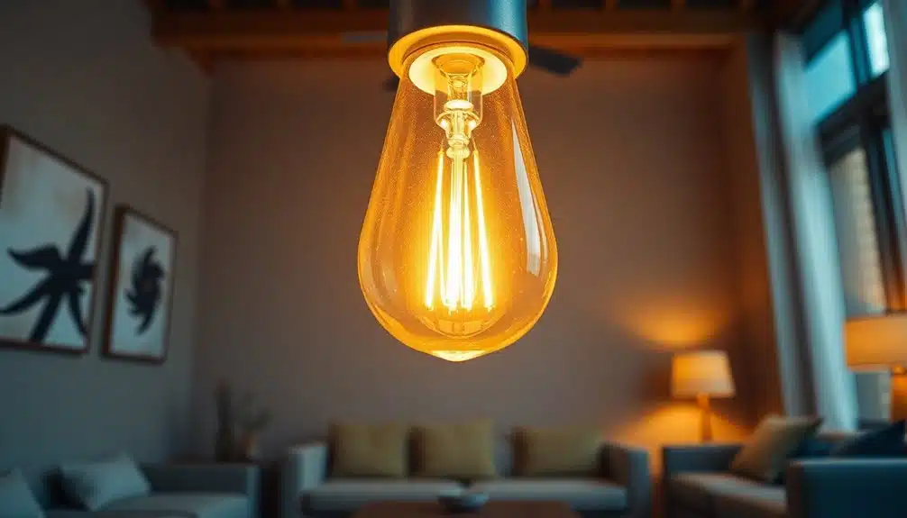 Une ampoule incandescente de style vintage est suspendue au centre d'un salon moderne avec des canapés, des œuvres d'art encadrées et de grandes fenêtres à l'arrière-plan.