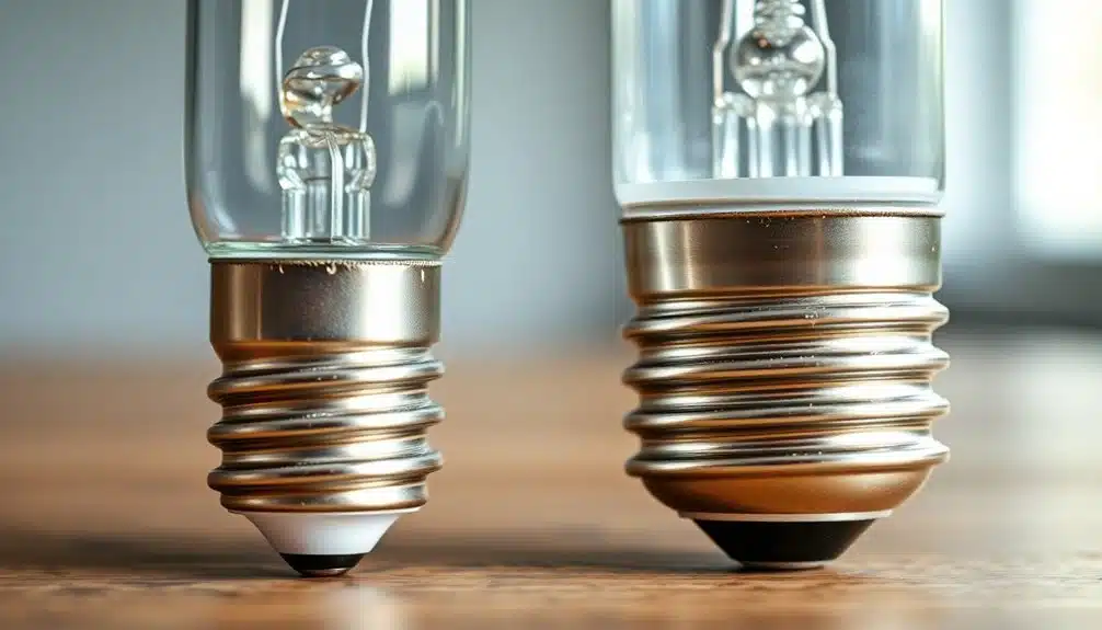 Deux ampoules à vis métalliques se tiennent debout sur une surface en bois, l'une plus courte et plus étroite que l'autre.