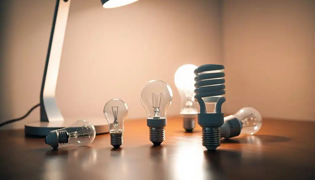 Une lampe de bureau et différents types d'ampoules, dont des ampoules à incandescence, des ampoules LED et des ampoules fluocompactes, sont disposés sur une surface en bois.