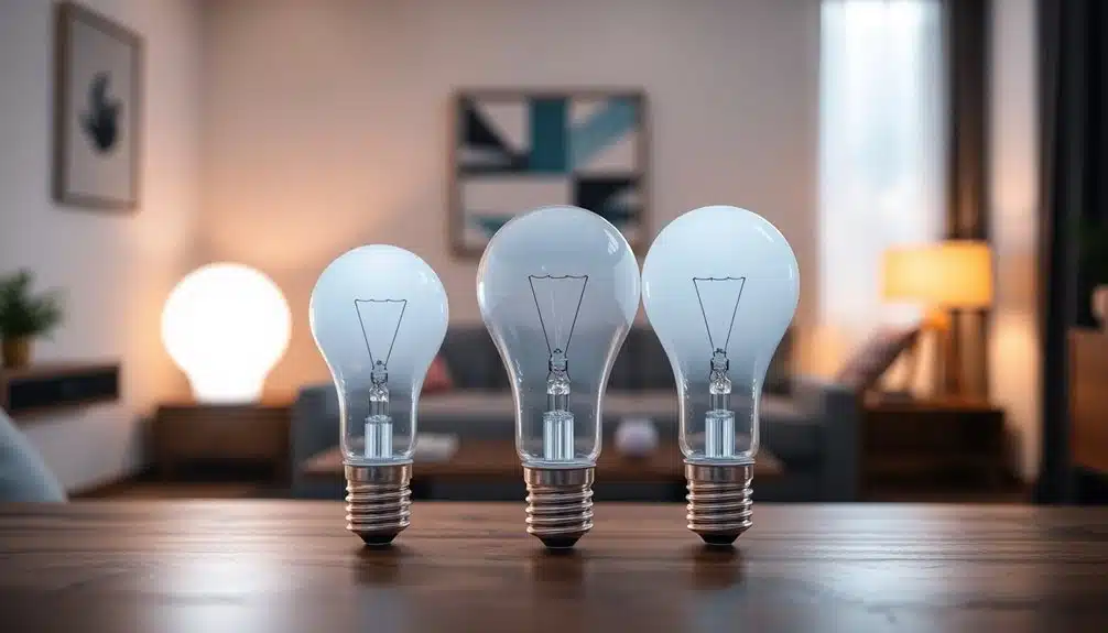 Trois ampoules claires posées verticalement sur une table en bois dans un salon à la décoration moderne et à l'éclairage doux et chaleureux en arrière-plan.