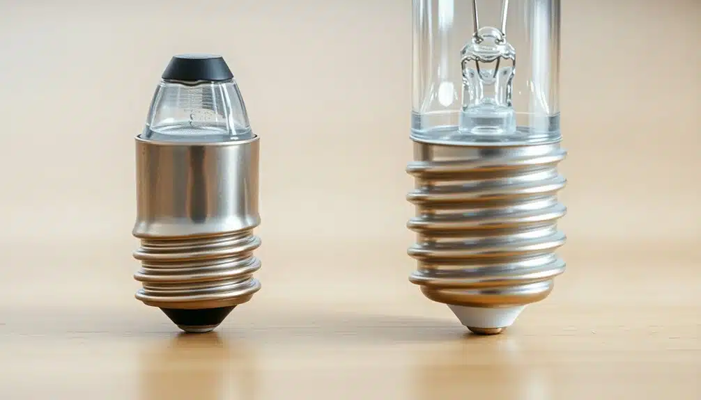 Deux culots d'ampoules surdimensionnés, chacun avec un couvercle différent ; l'un est clair avec un capuchon noir et l'autre est transparent, montrant ses composants internes, tous deux sur une surface en bois.