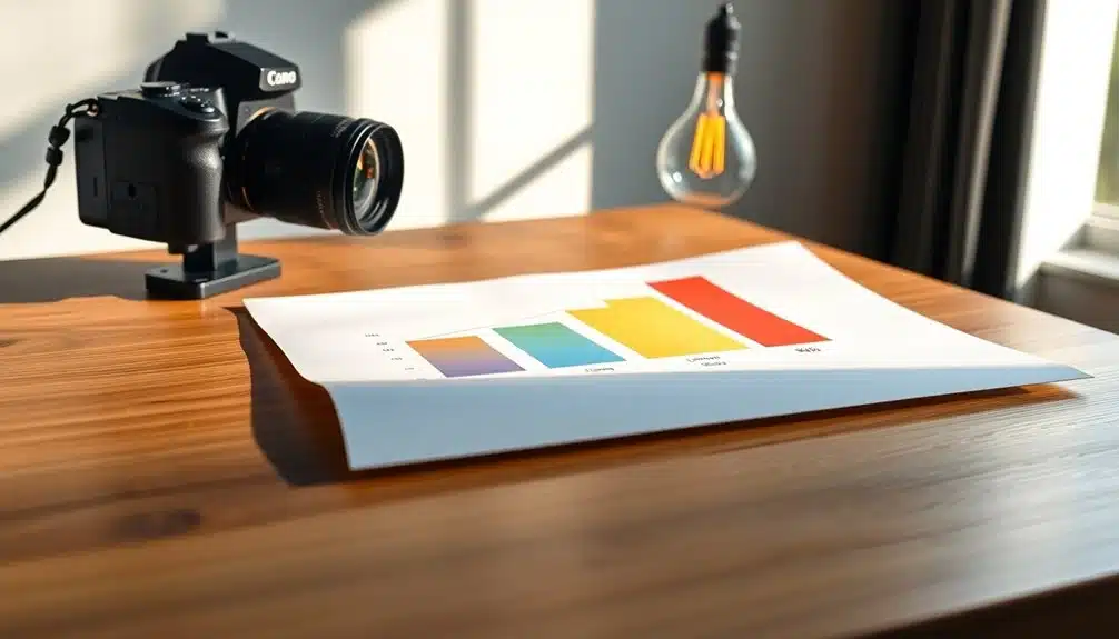 Un diagramme à barres imprimé avec quatre barres colorées est posé sur une table en bois à côté d'un appareil photo numérique et d'une ampoule suspendue.