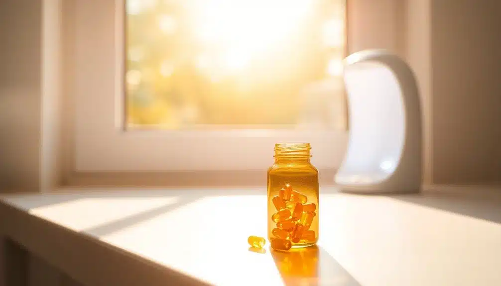 Une bouteille en verre marron avec des capsules jaunes est posée sur un rebord de fenêtre ensoleillé, avec la lumière du soleil et une lampe blanche en arrière-plan.