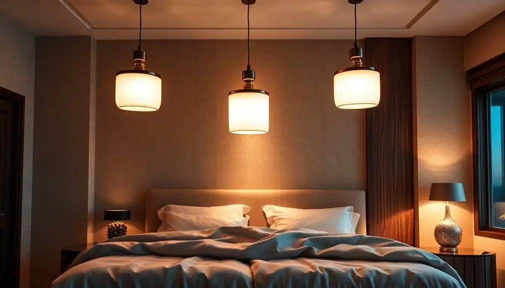 Une chambre à coucher moderne avec un lit bien fait, trois lampes suspendues au-dessus de la tête de lit et une lampe de table sur une table de nuit, le tout éclairé chaleureusement.